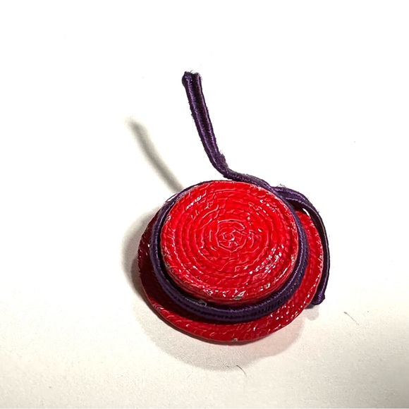 Adorable Red Hat Purple Ribbon Brooch Scatter Pin Straw Boater Style - Picture 3 of 5